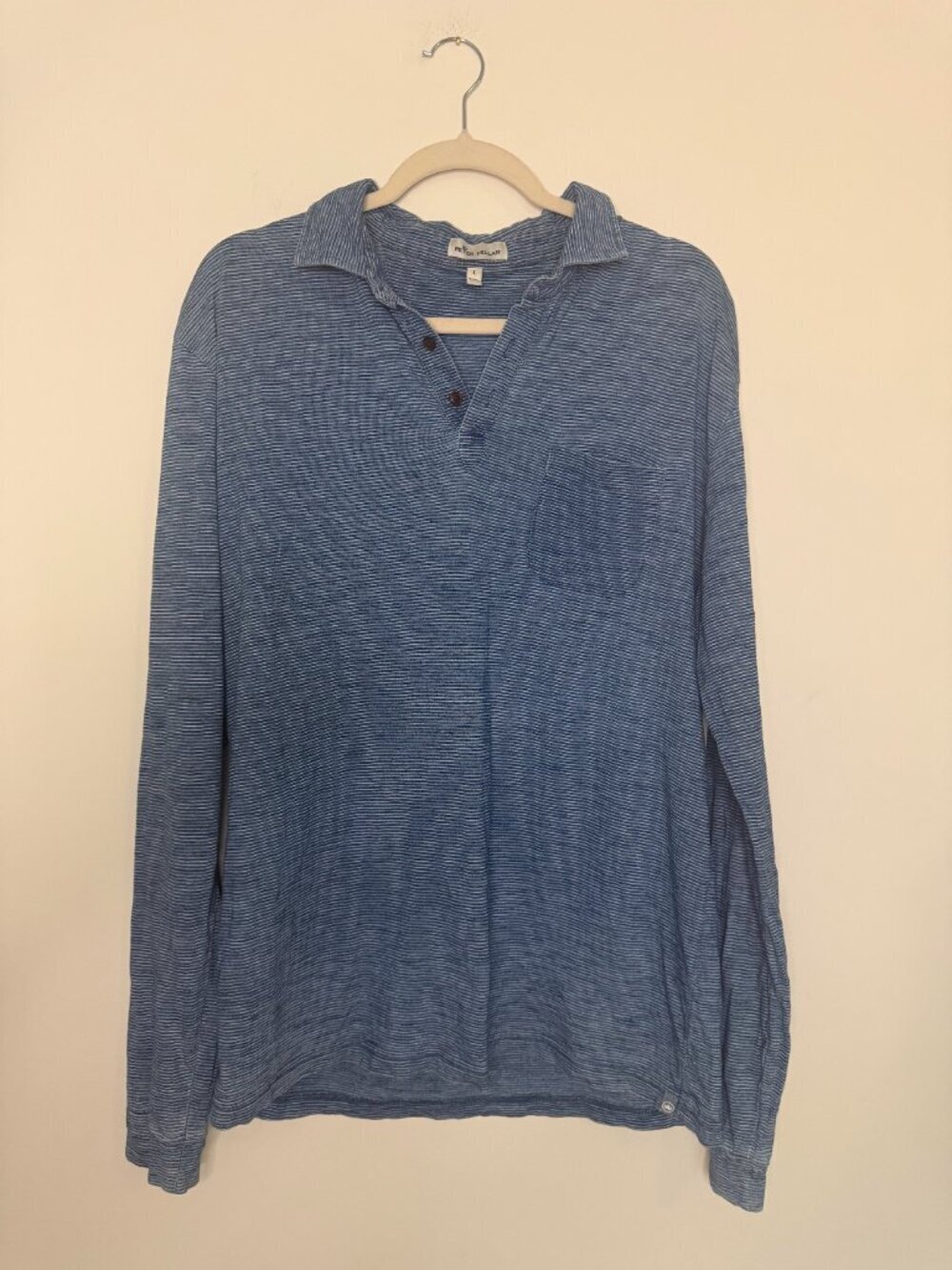 Peter Millar Striped Long Sleeve Pocket Polo Shirt Preppy Blue White - Large